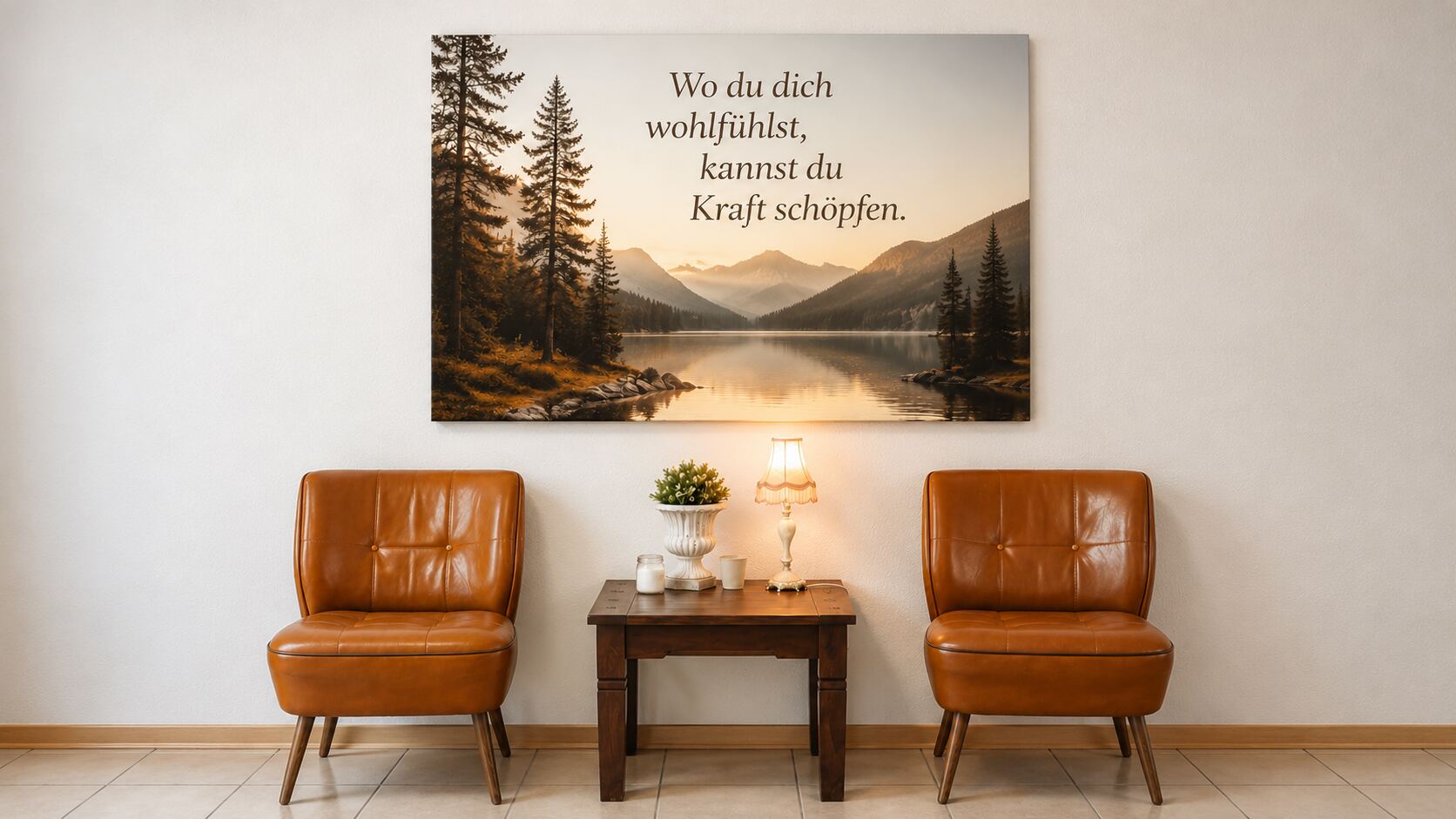 Sitzecke mit Sesseln und Wandbild im Ruhebereich von Body & Care