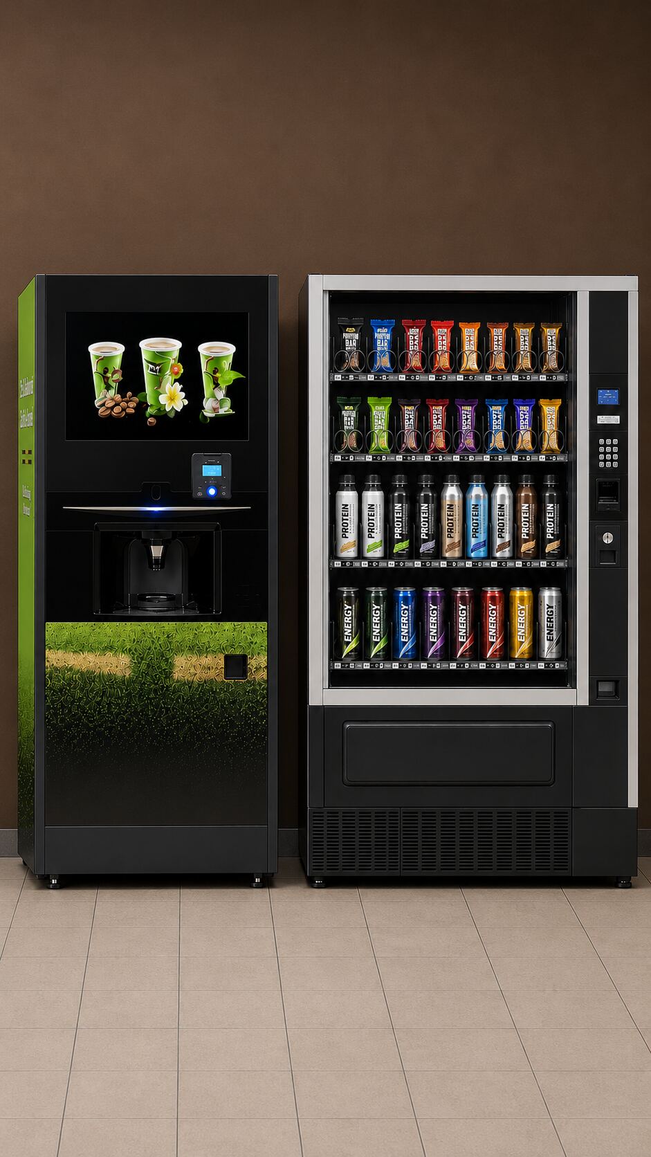 Kaffeeautomat und Snackautomat mit Proteinriegeln, Protein-Shakes und Energy-Drinks bei Body & Care Hermannsburg